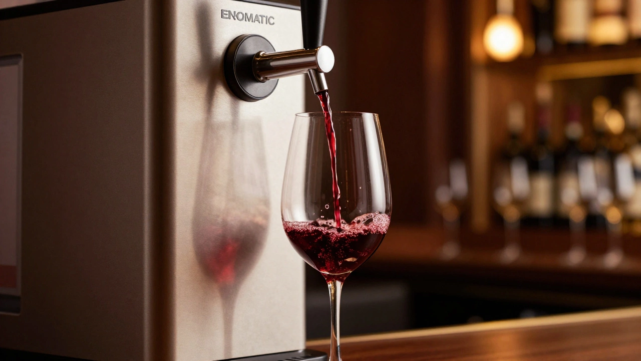 A glass of red wine being poured from an automated Enomatic dispenser in a modern bar