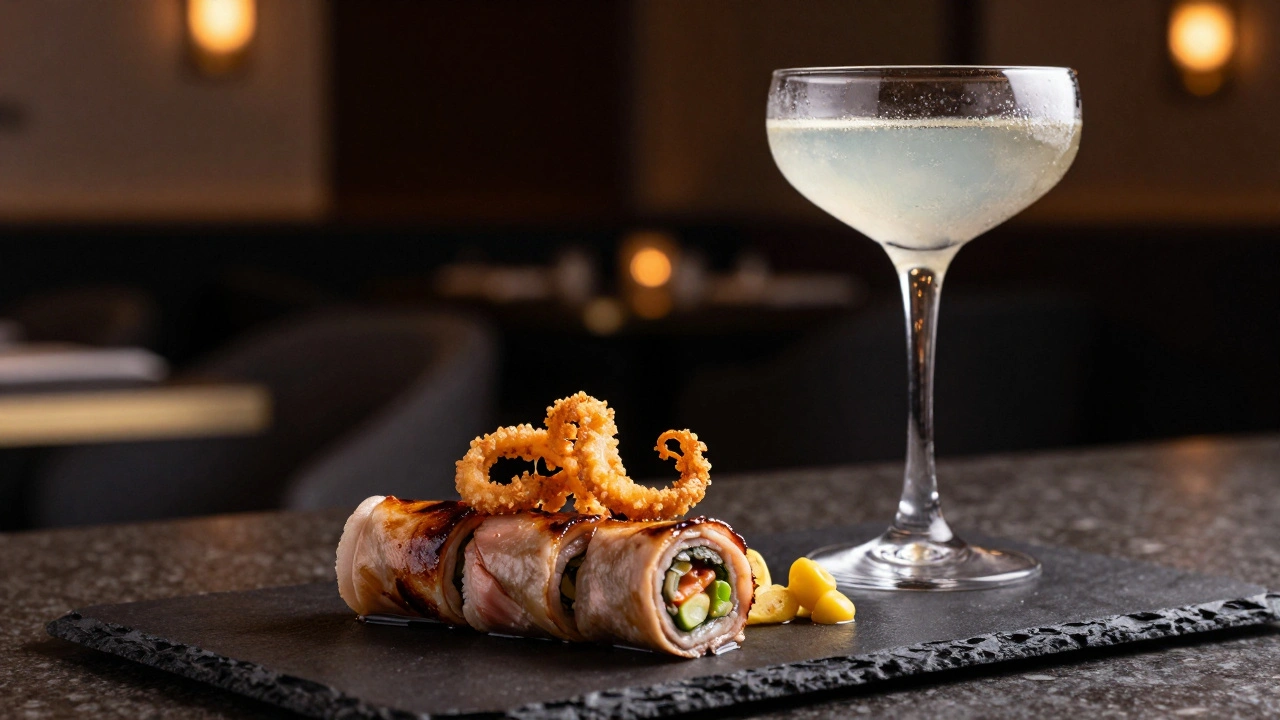 A gourmet platter of duck rolls and a creative cocktail in a dim lounge