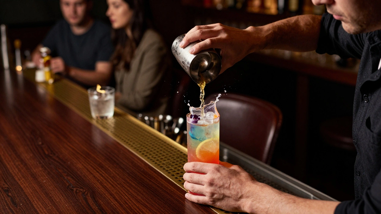 A professional bartender crafting a colorful cocktail at a sleek bar