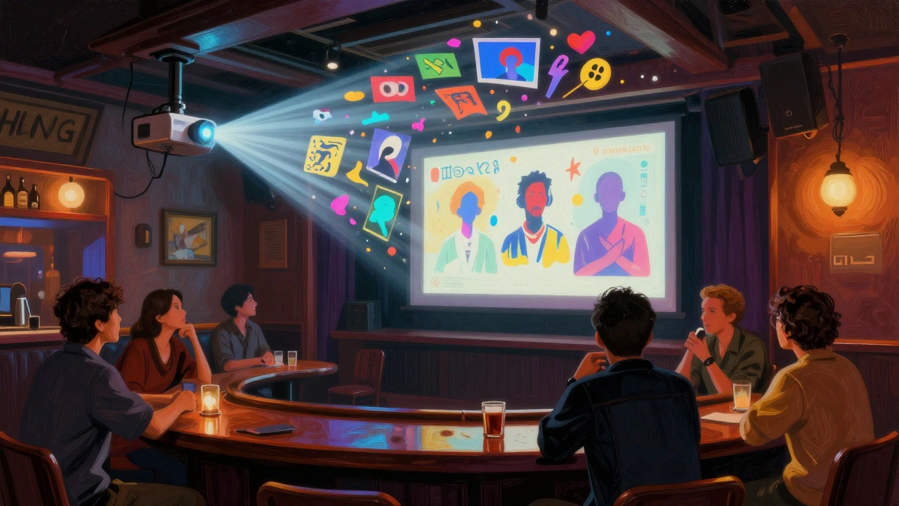 Artistic illustration of a queer film screening sparking community conversation in a bar.