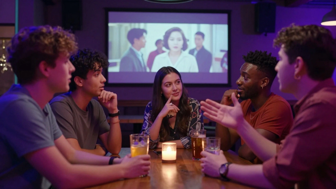 Diverse people discussing a film in a neon-lit LGBTQ+ bar in Sheung Wan.
