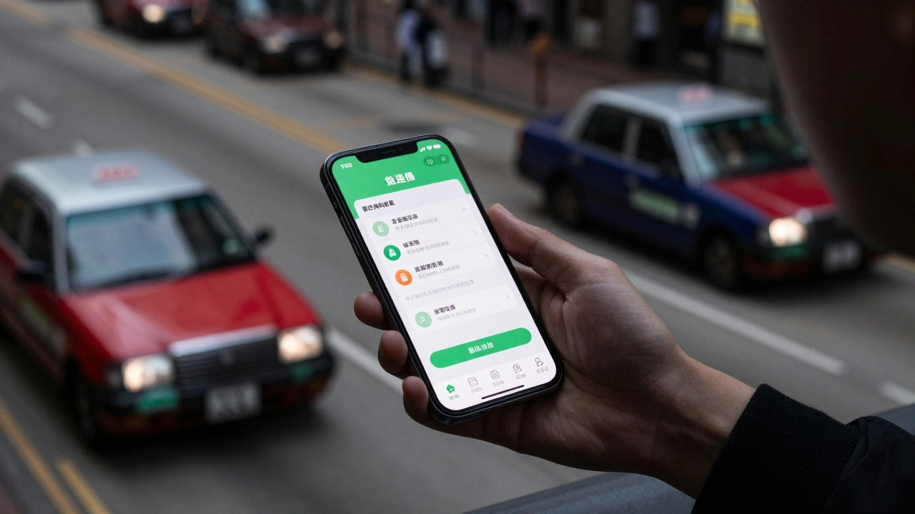 Hand using a ride-hailing app with blurred taxis in the background.