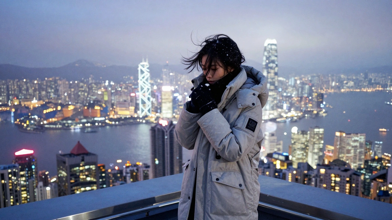 Person in a heavy winter coat braving strong winds on a Hong Kong skyscraper rooftop.