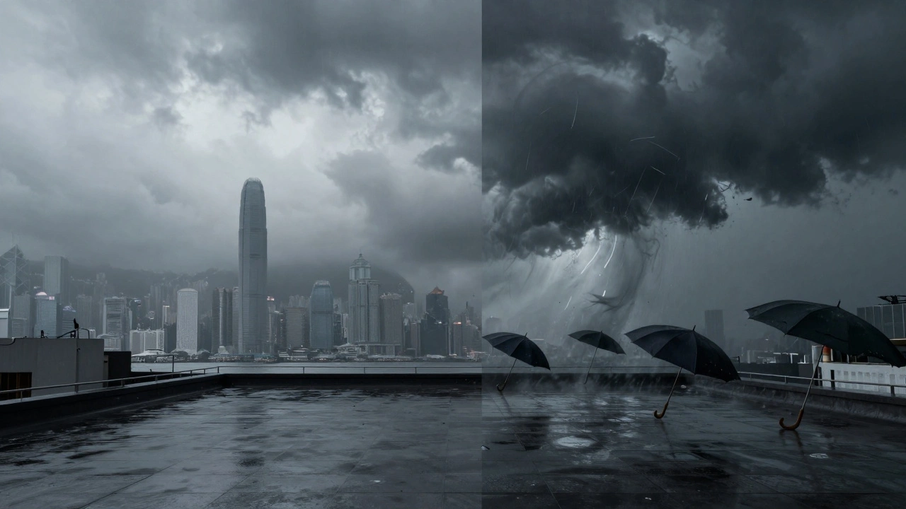 Split scene showing a calm humid day and a violent typhoon storm over a city rooftop.